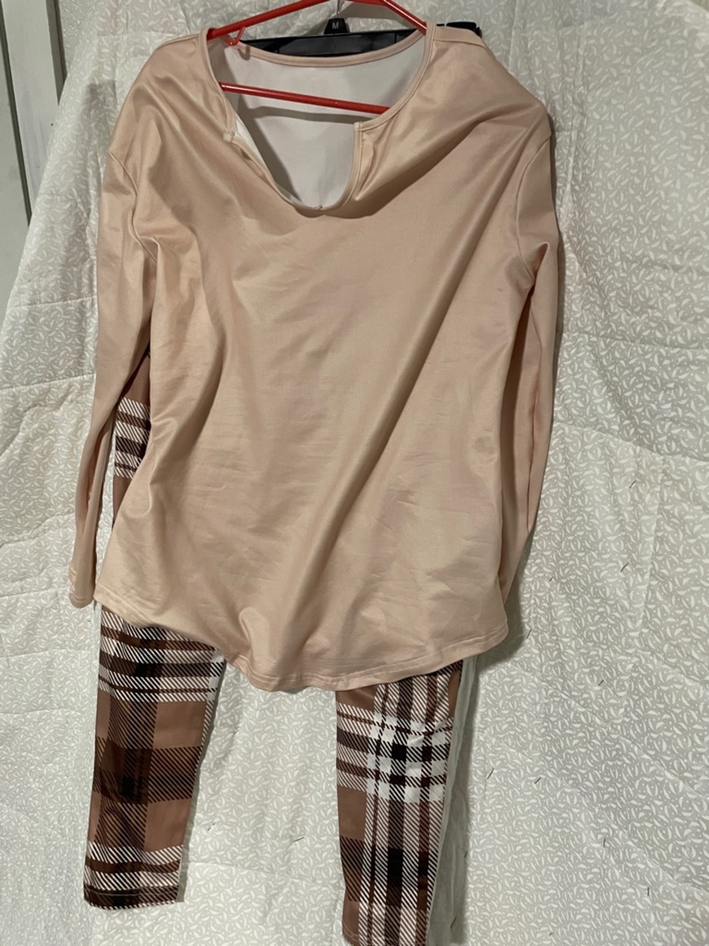 Women's Blush Long-Sleeve Top and Plaid Pants Set